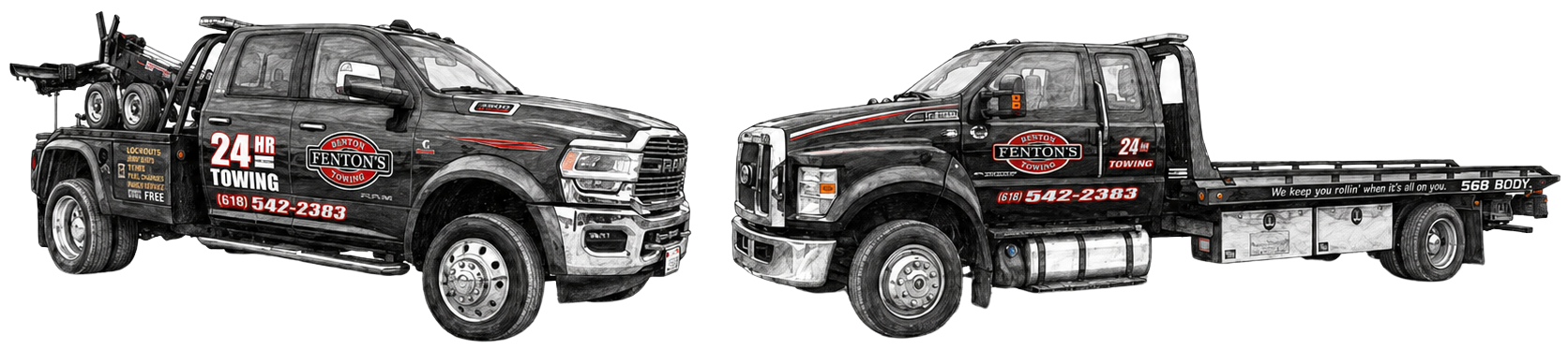 Hand-drawn illustration of two Fenton's Custom & Collision 24-hour tow trucks