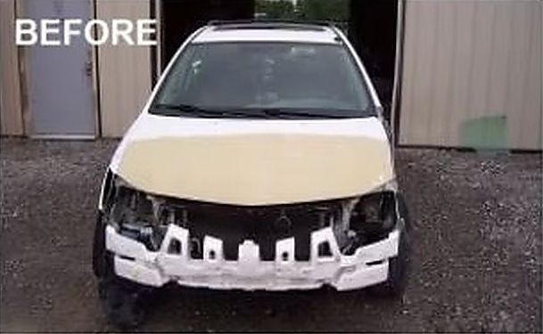 Before: front-end collision damage on a white Pontiac Vibe