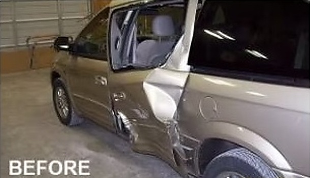 Before: rear quarter panel and sliding-door collision damage on a gold Chrysler Town & Country