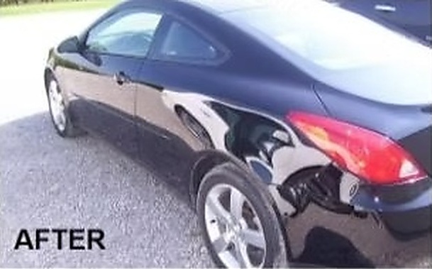 After: a black Pontiac G6 coupe repaired by Fenton's Custom & Collision