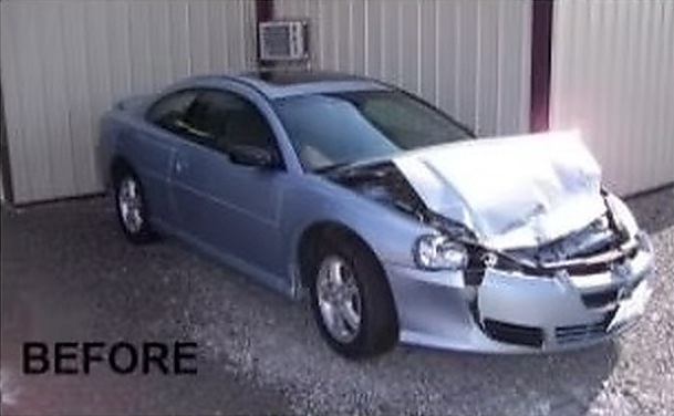 Before: front-end collision damage on a light blue Dodge Stratus coupe