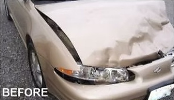 Before: front fender and hood collision damage on a gold Oldsmobile Alero sedan